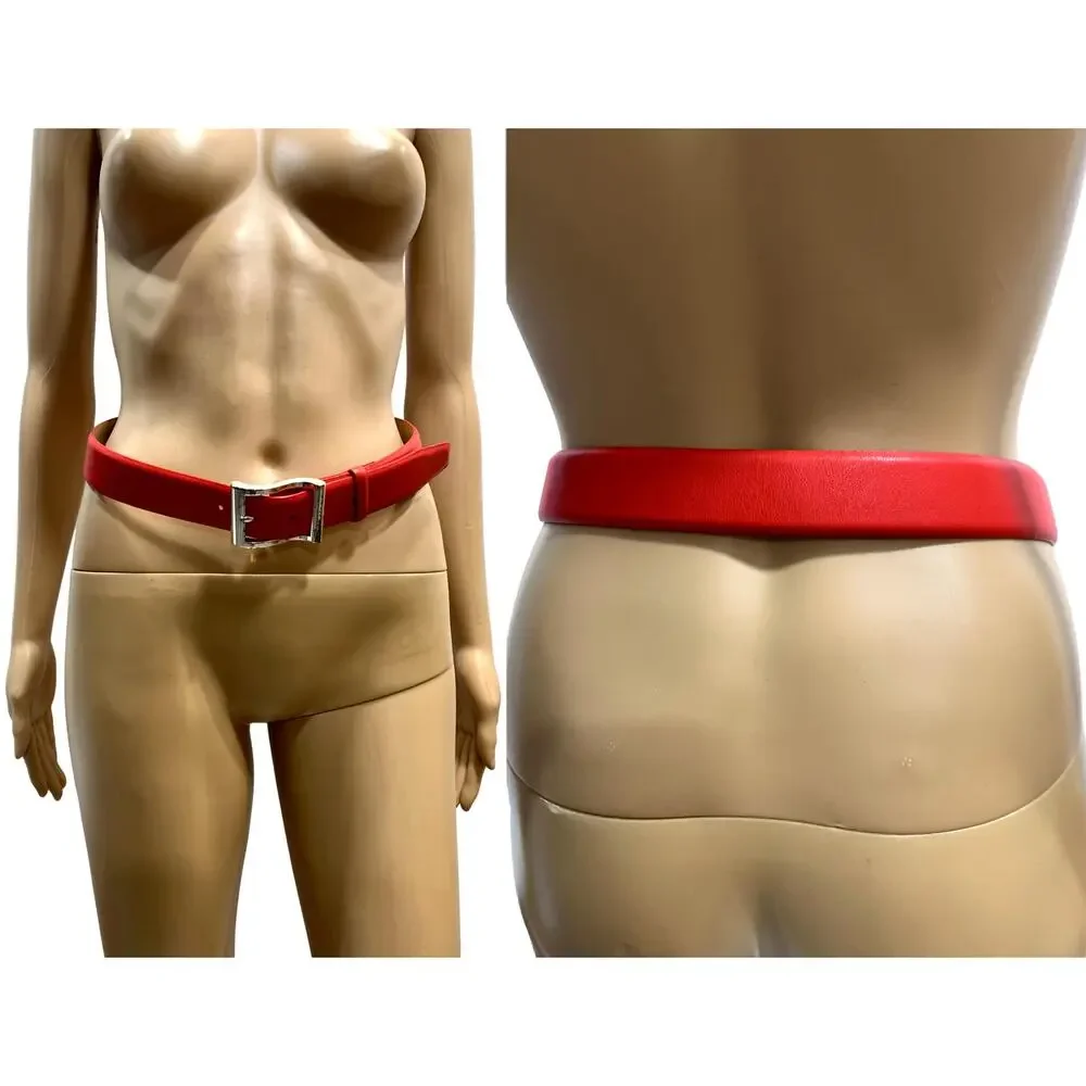 90s DKNY Red Leather Belt w Silver Buckle | VTG S | 28